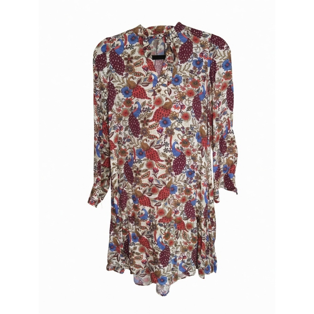 Peacock Floral Print Viscose Mini Dress Long Sleeve Boho Tiered Hem‎ Red Blue